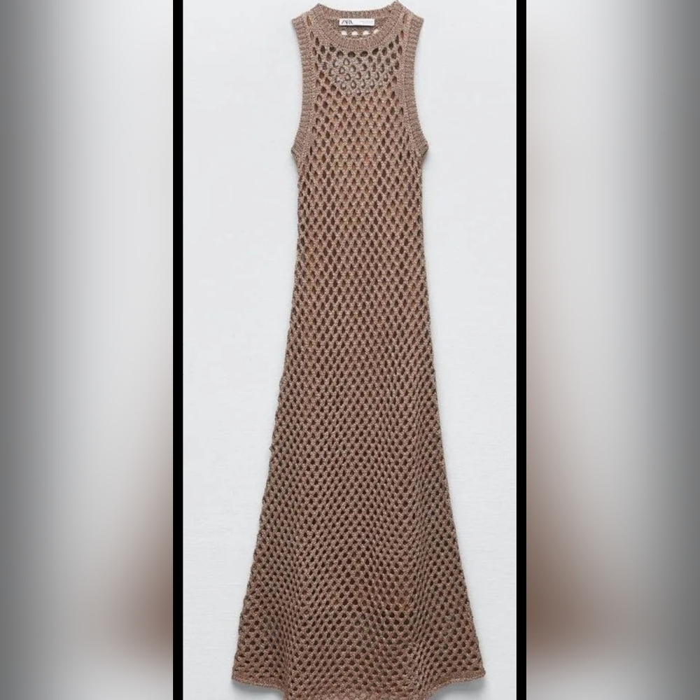Zara Metallic Crochet Fishnet Midi Dress Gold Open Knit Cover Up Size Small - Picture 11 of 16